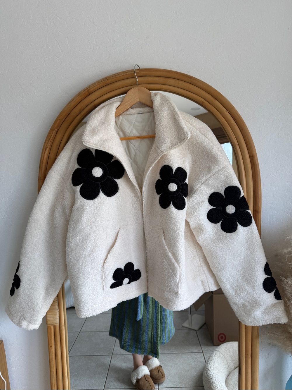 Ivory Fleece Jacket with Black Floral Appliqué